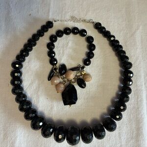 Ice.com Black Onyx Beaded Necklace with 925 silver clasp and Bracelet Set